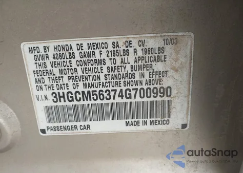 2004 Honda Accord 2.4 Lx from USA, damaged, VIN 3HGCM56374G700990